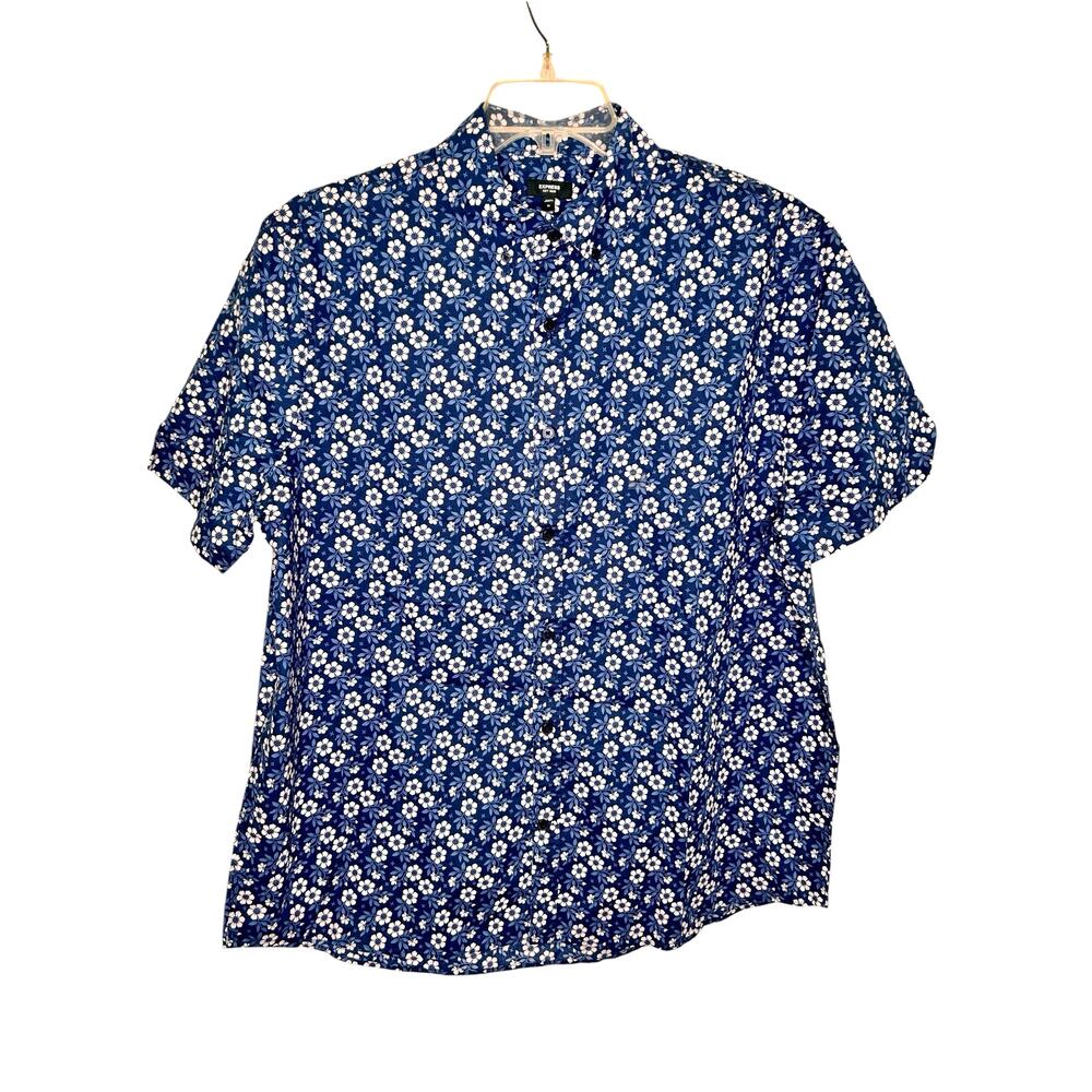 Express Mens XL Blue White Floral Short Sleeve Button Down Cotton Shirt